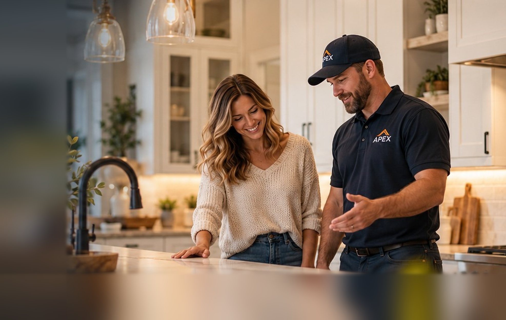 Smiling homeowner admiring her kitchen with an Apex contractor beside her