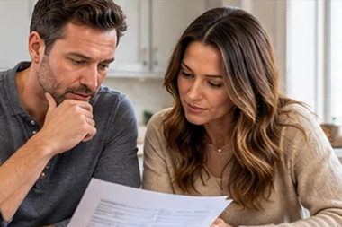 A couple reviewing home renovation plans and paperwork